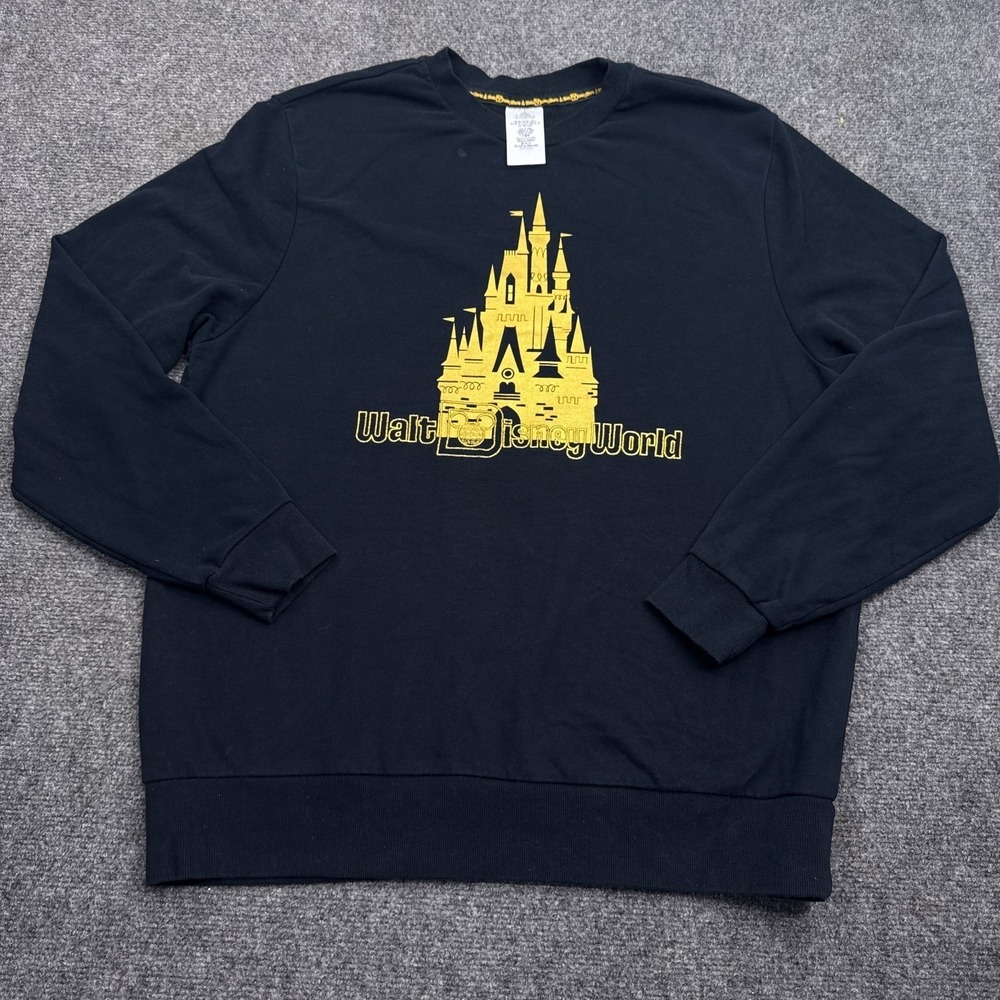 Walt Disney World Sweatshirt Adult Size Large Black Gold Embroidered Logo Crew